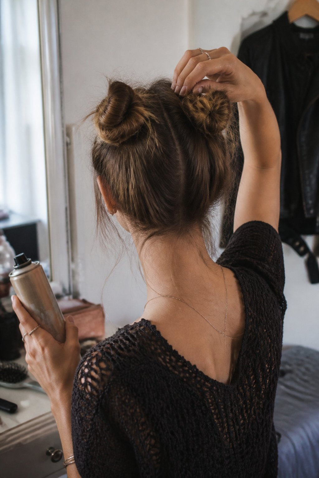 A person adjusts two small buns in their hair while holding a bottle of texturizing spray.