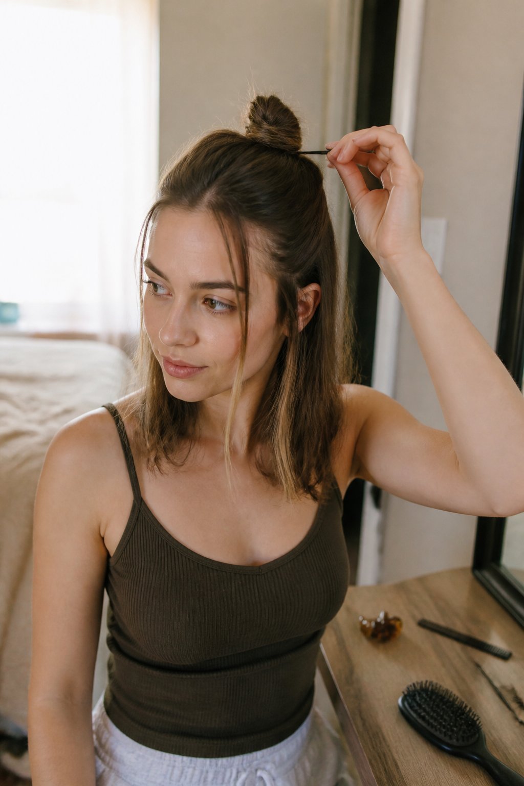 A person adjusts a loose half-up top knot with face-framing strands in a bedroom.