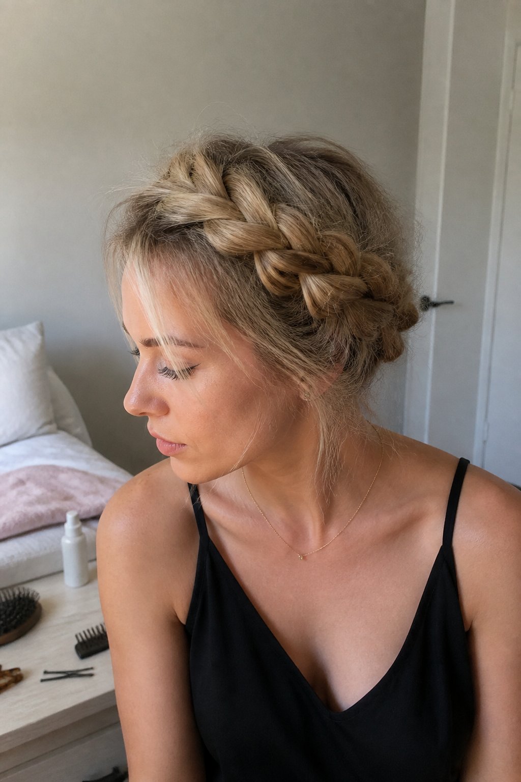 A person with thin hair wears a loose crown braid with softly lifted roots while getting ready in a casual room.