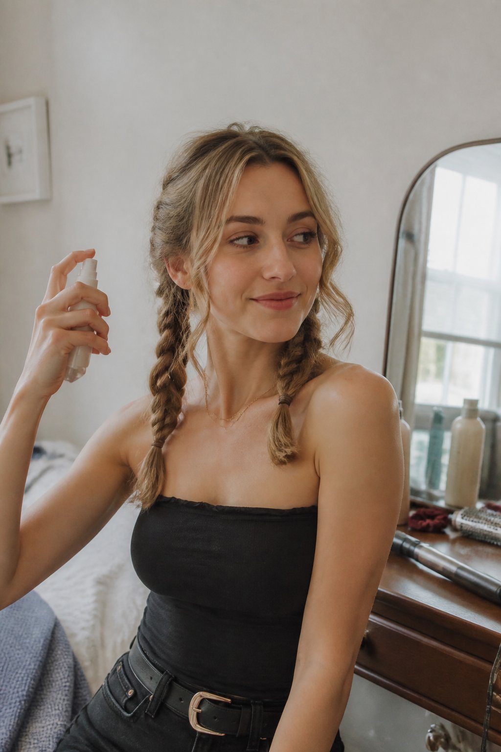 A person with fine hair wears two twisted pigtails while holding a hairspray bottle in a casual room.