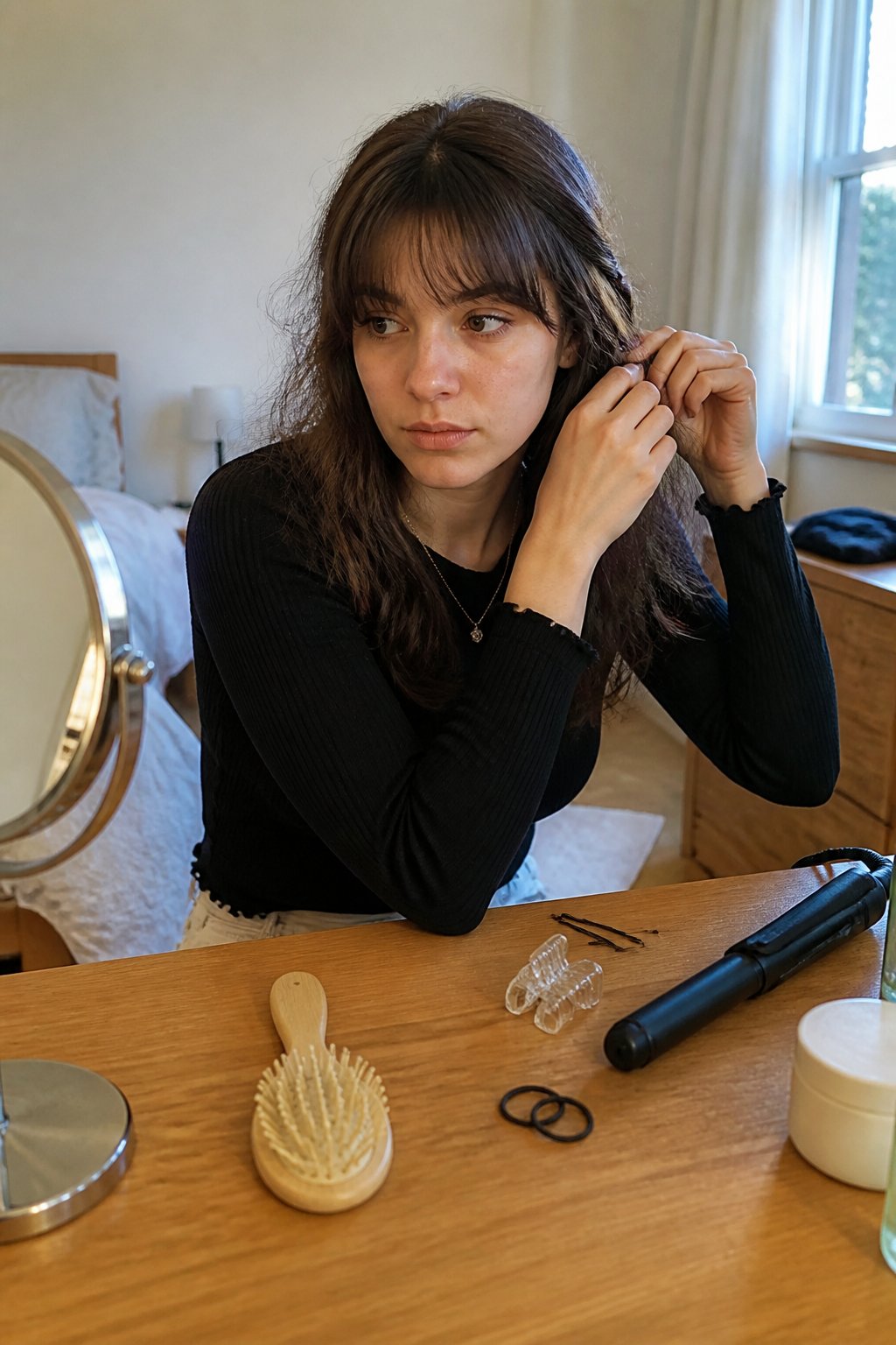 A person with bangs styles their hair for a concert beside a mirror, with hair tools and clips nearby.