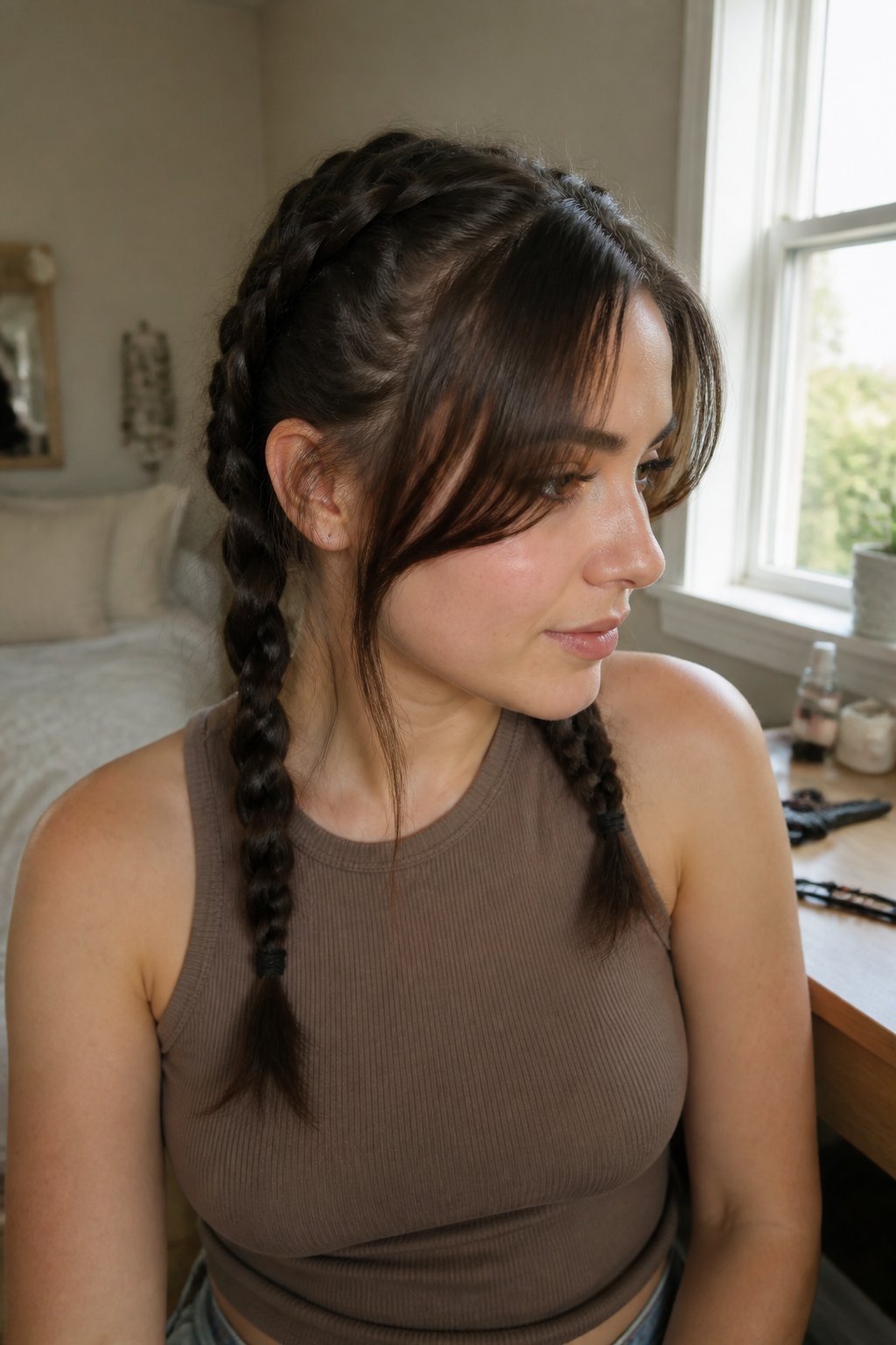 A young woman with side-swept bangs wears two Dutch braids while preparing for a concert.