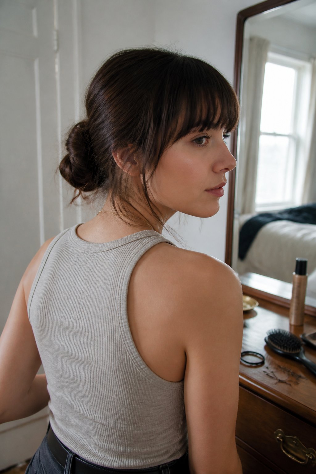 A woman with blunt bangs and a textured low bun gets ready in a bedroom for a concert.