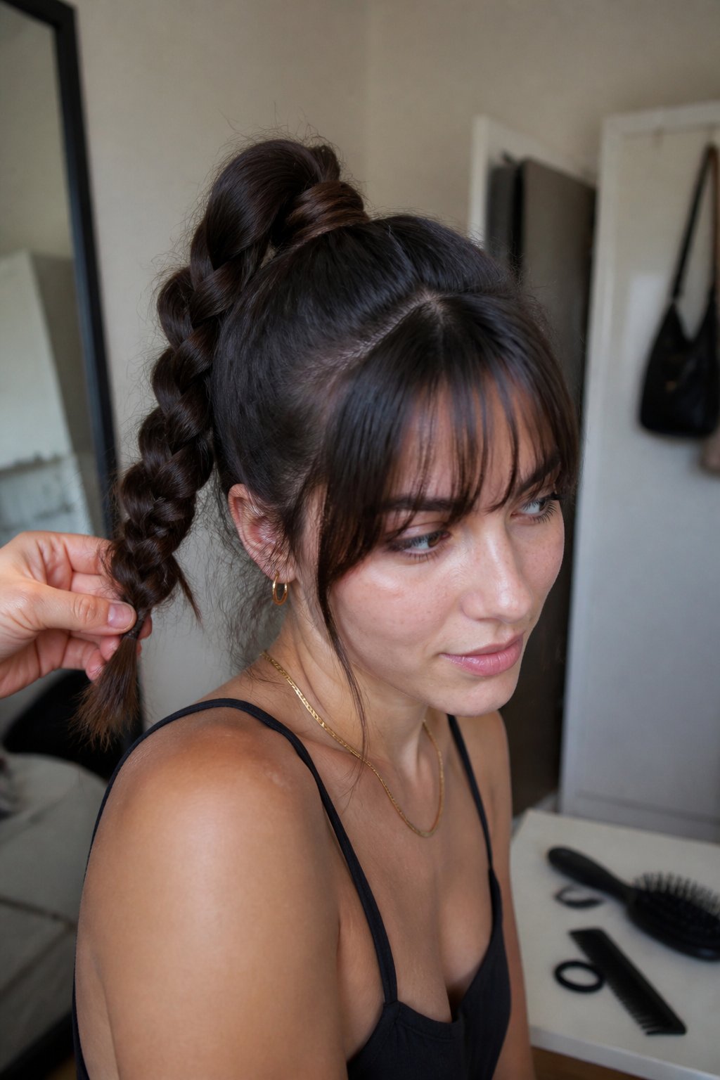 A woman with a high braided ponytail and wispy bangs prepares for a concert in a casual indoor setting.