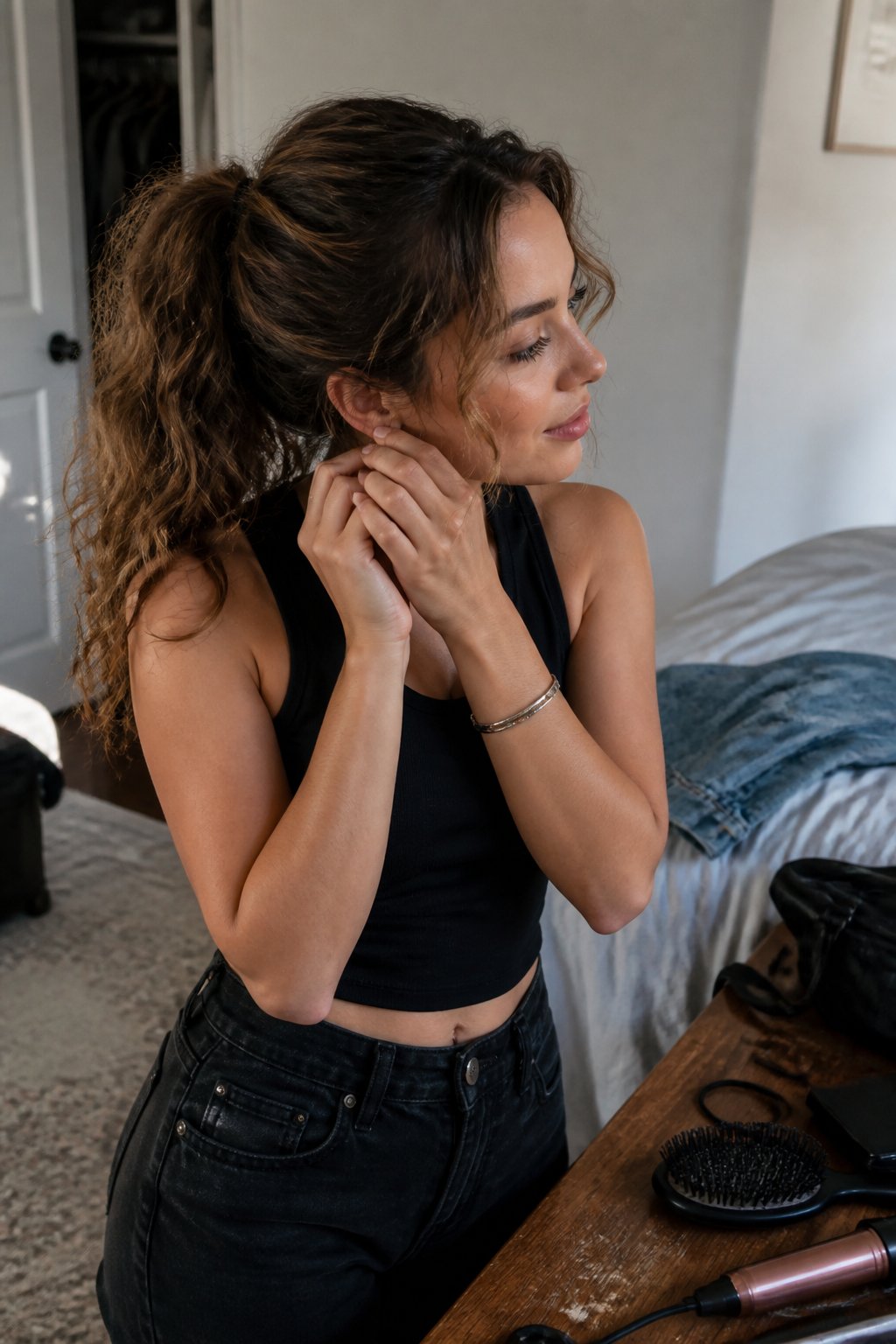 A person with wavy hair styled in a high ponytail and loose waves framing the face, standing near hair-styling items.