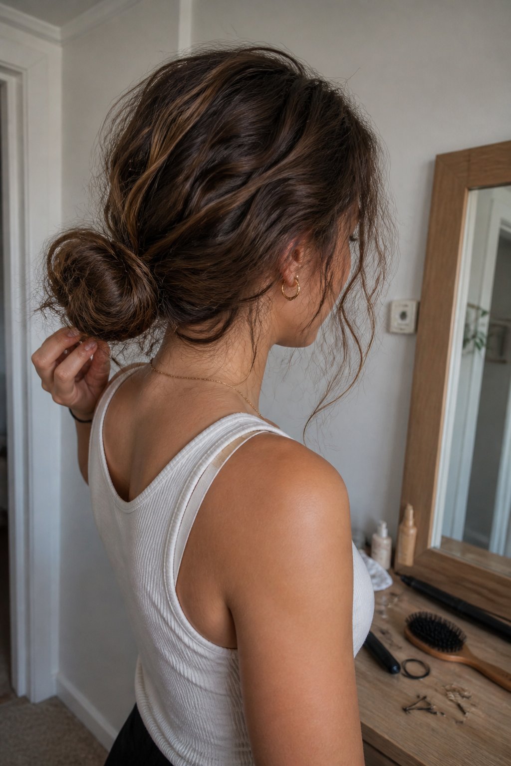 A person with wavy hair styled in a messy low bun with loose strands, shown while getting ready near a mirror.