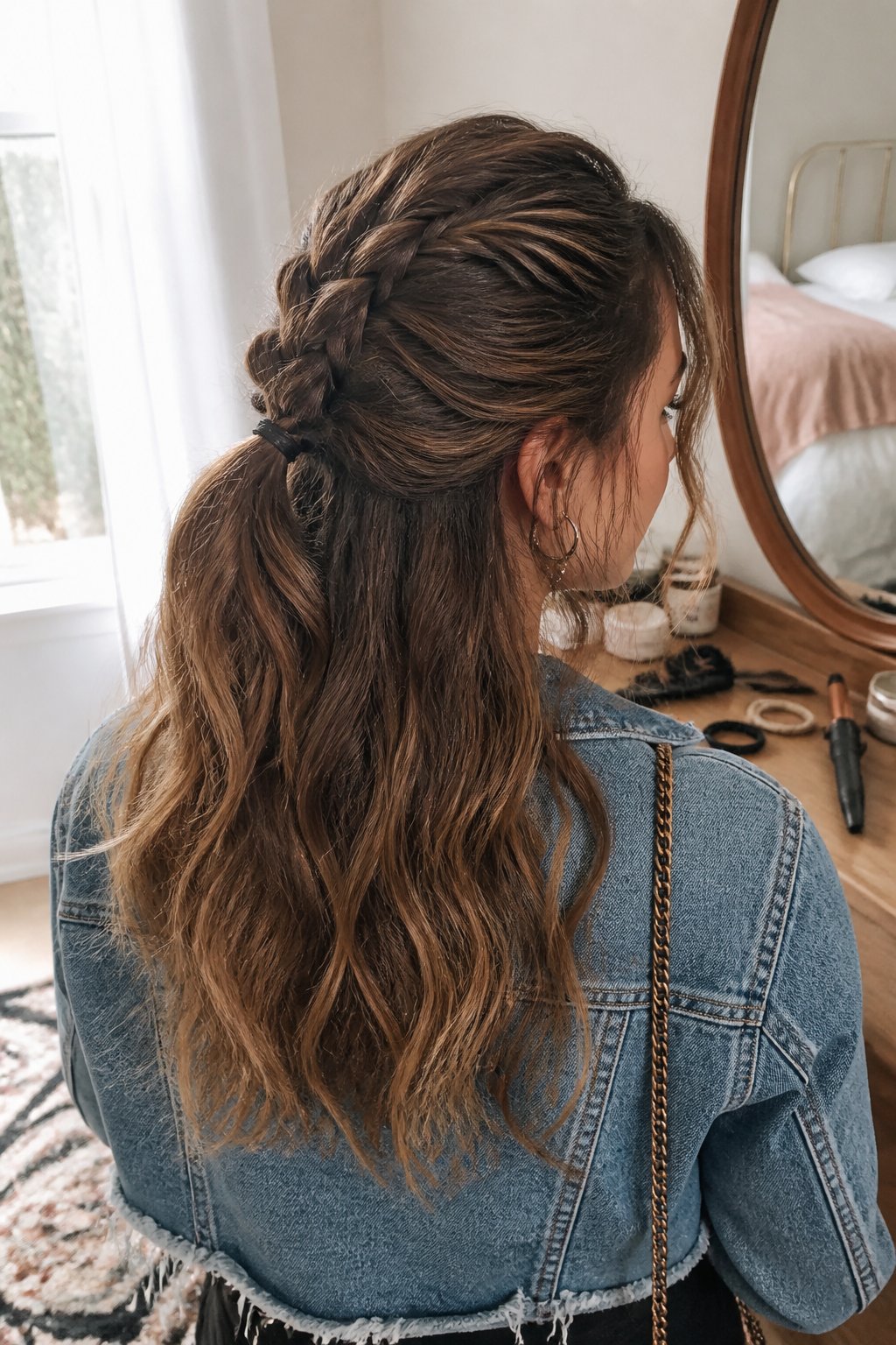 Person with wavy hair wearing a braided half-up ponytail while getting ready in a bedroom.