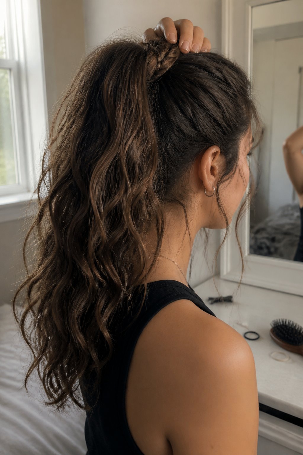 A person with wavy hair wears a high ponytail secured with a braid while getting ready indoors.