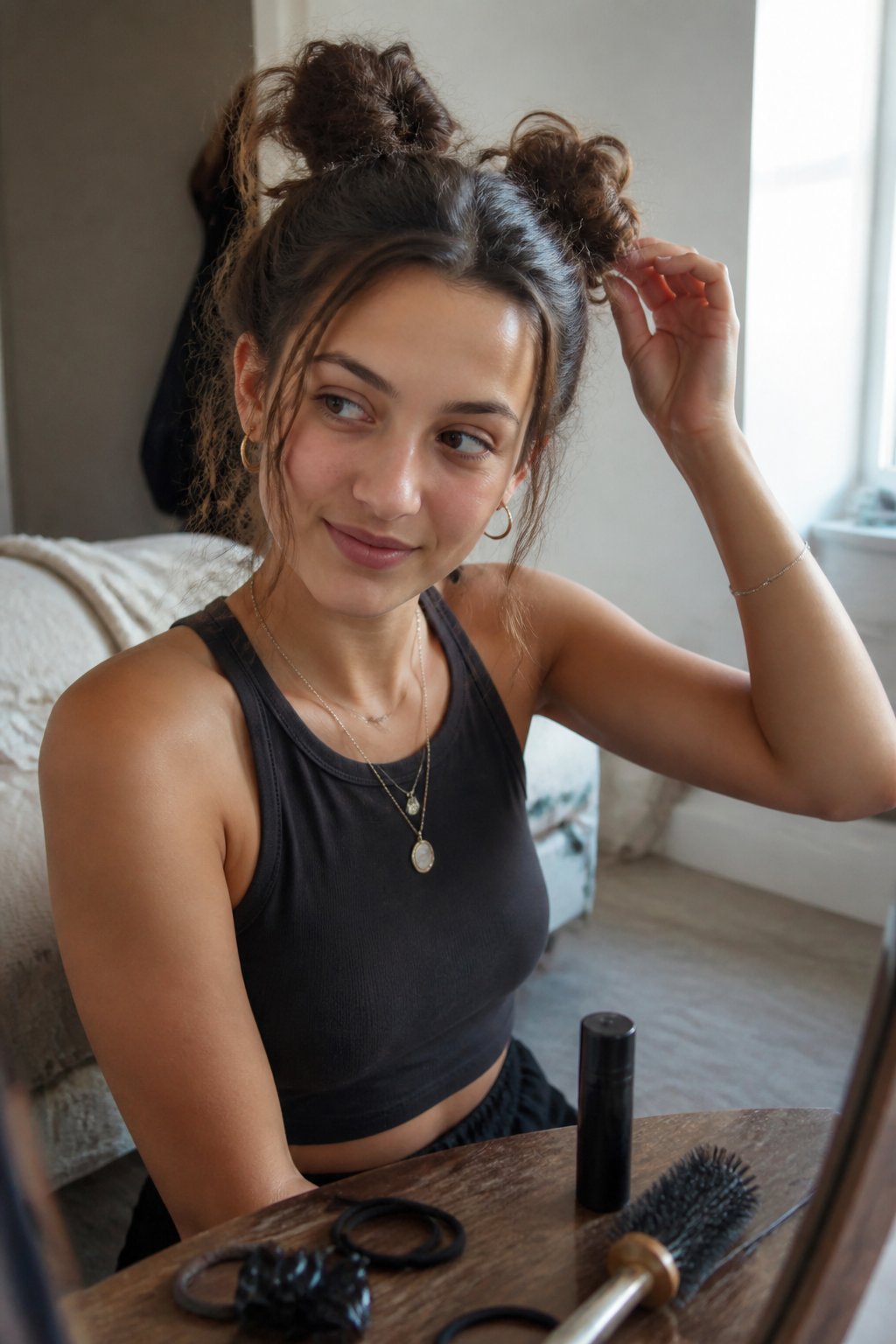 A person with wavy hair styled into two space buns stands in a casual room while adjusting one bun.