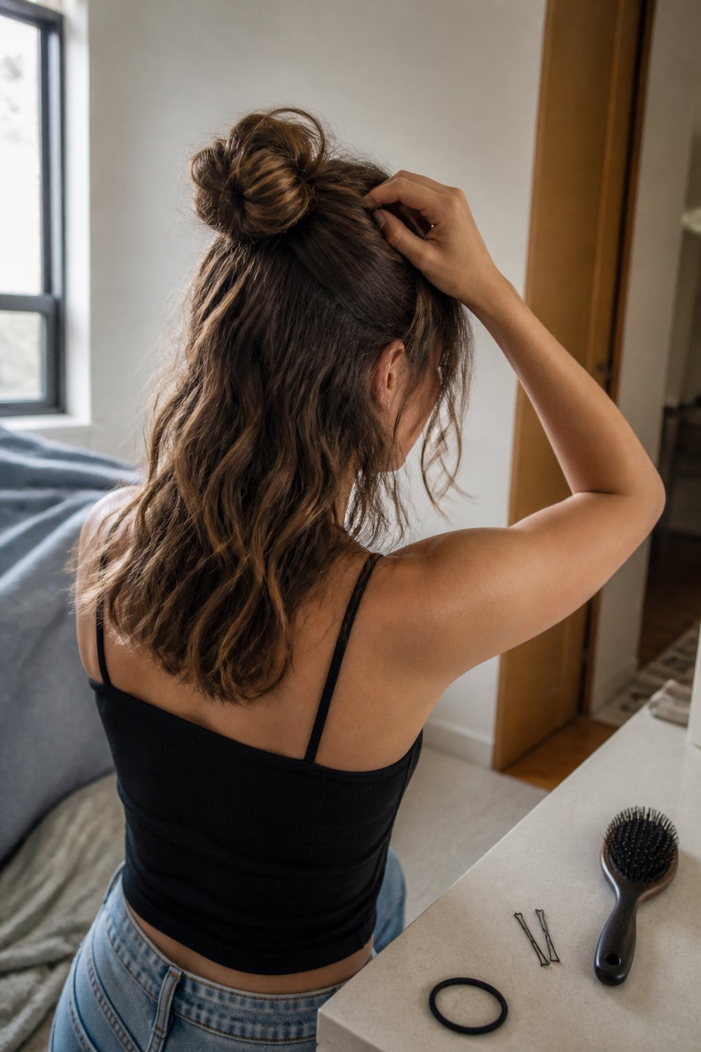 A person adjusts a relaxed half-up top knot in their wavy hair while getting ready in a bedroom.