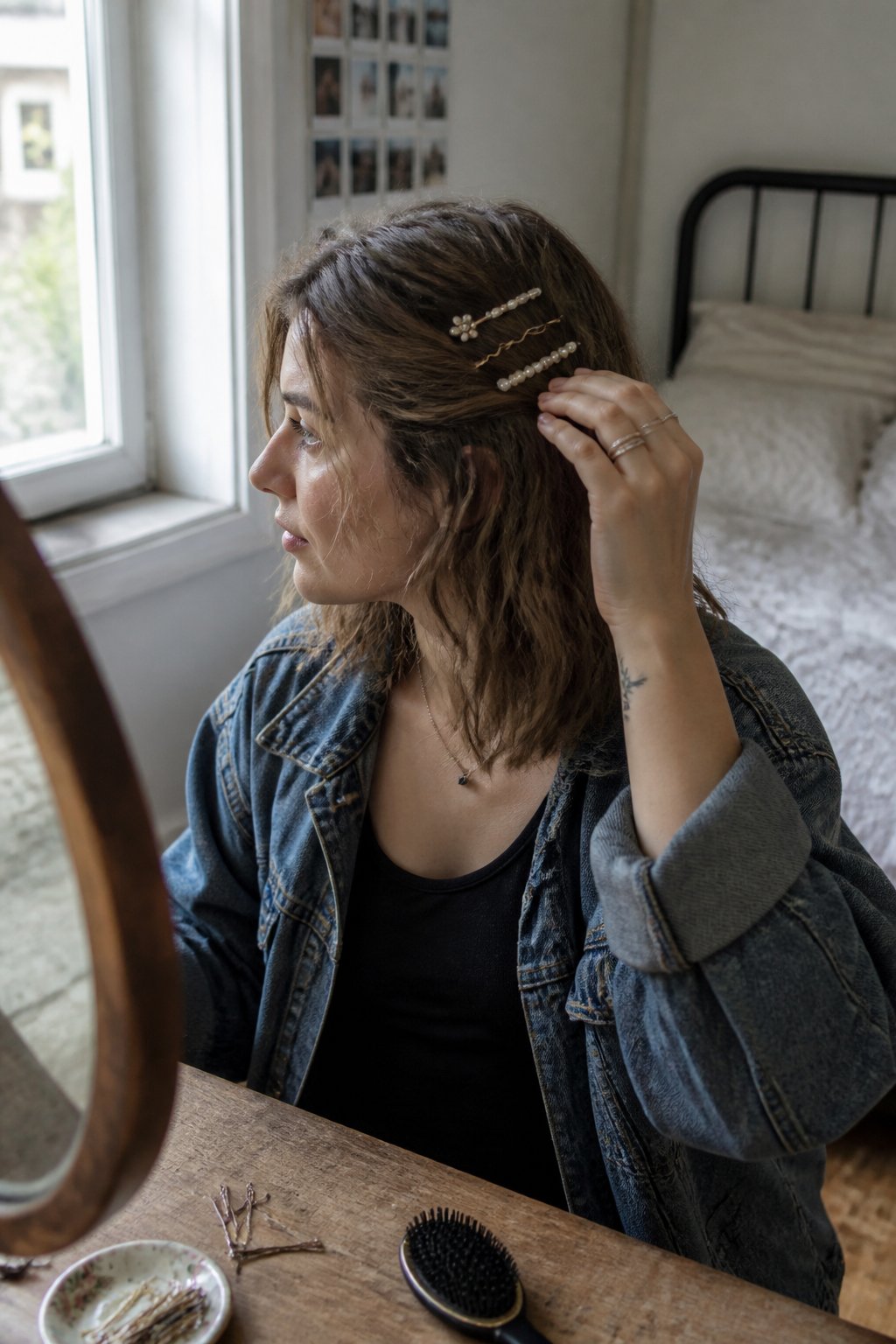 A person with wavy hair swept to one side and secured with decorative pins while getting ready for a concert.