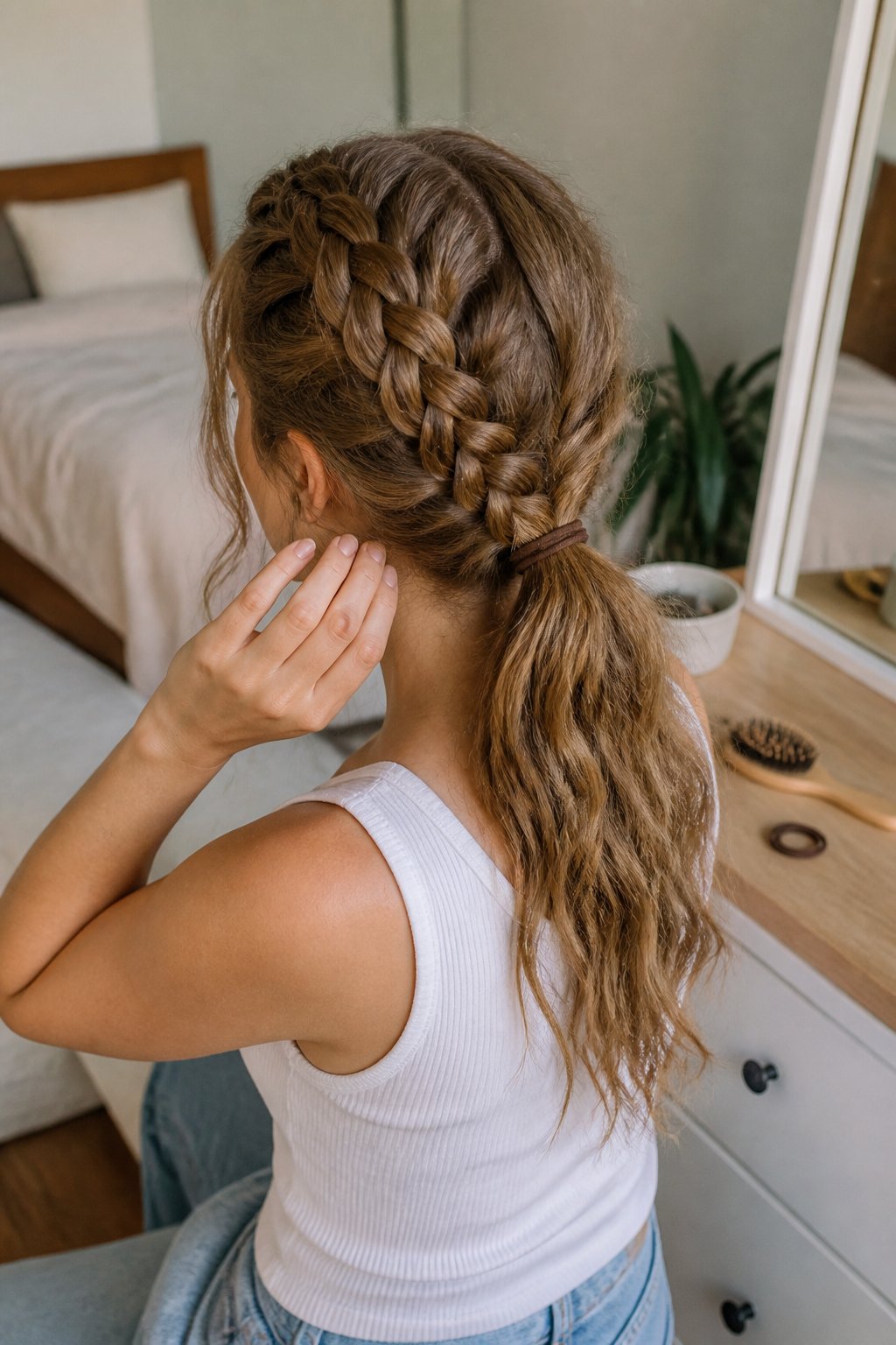 A person with wavy hair styled in a Dutch braid leading into a low ponytail.