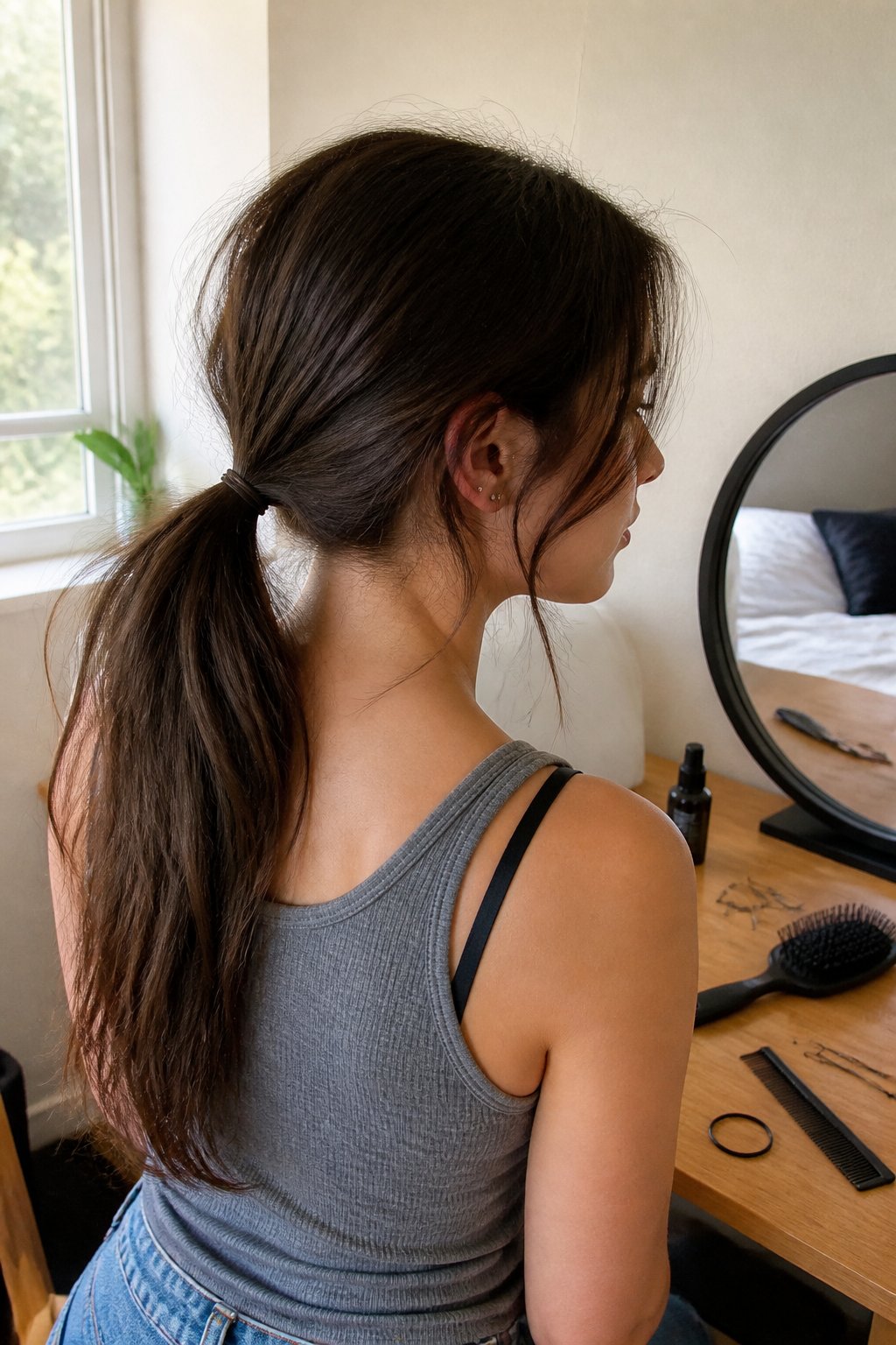 A person with straight hair wearing a loose textured low ponytail while preparing for a concert.