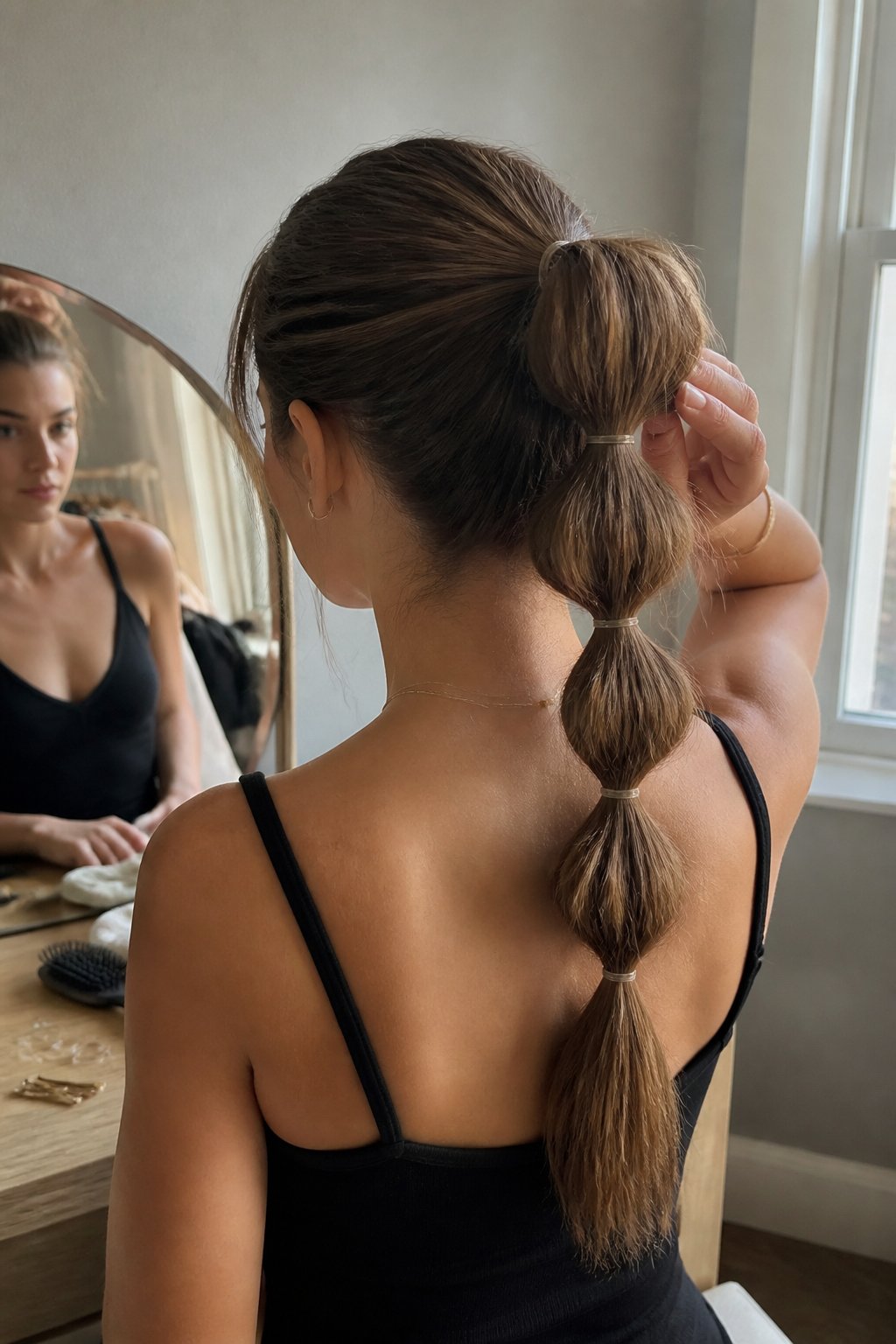 A woman with straight hair wears a segmented bubble ponytail while preparing for a concert.