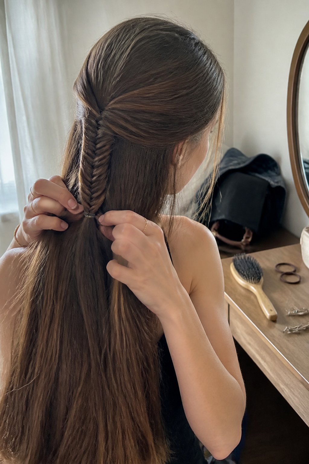 A person with straight hair wears a relaxed half-up fishtail braid while getting ready for a concert.