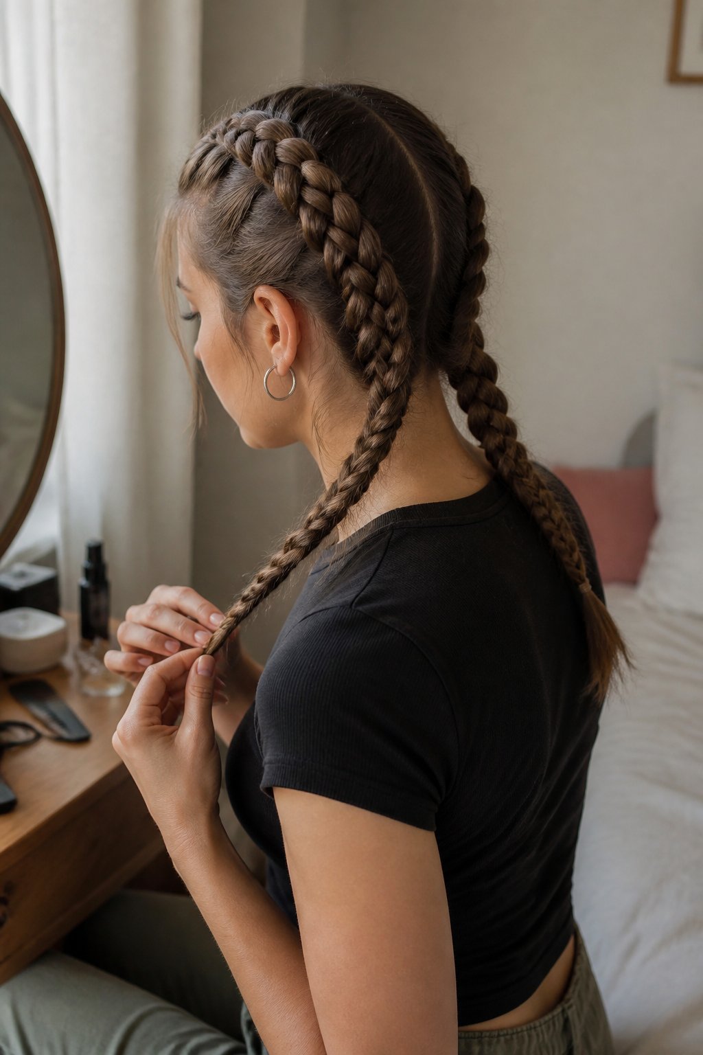 A person with straight hair styled in two Dutch braids, with a comb and hair ties nearby.