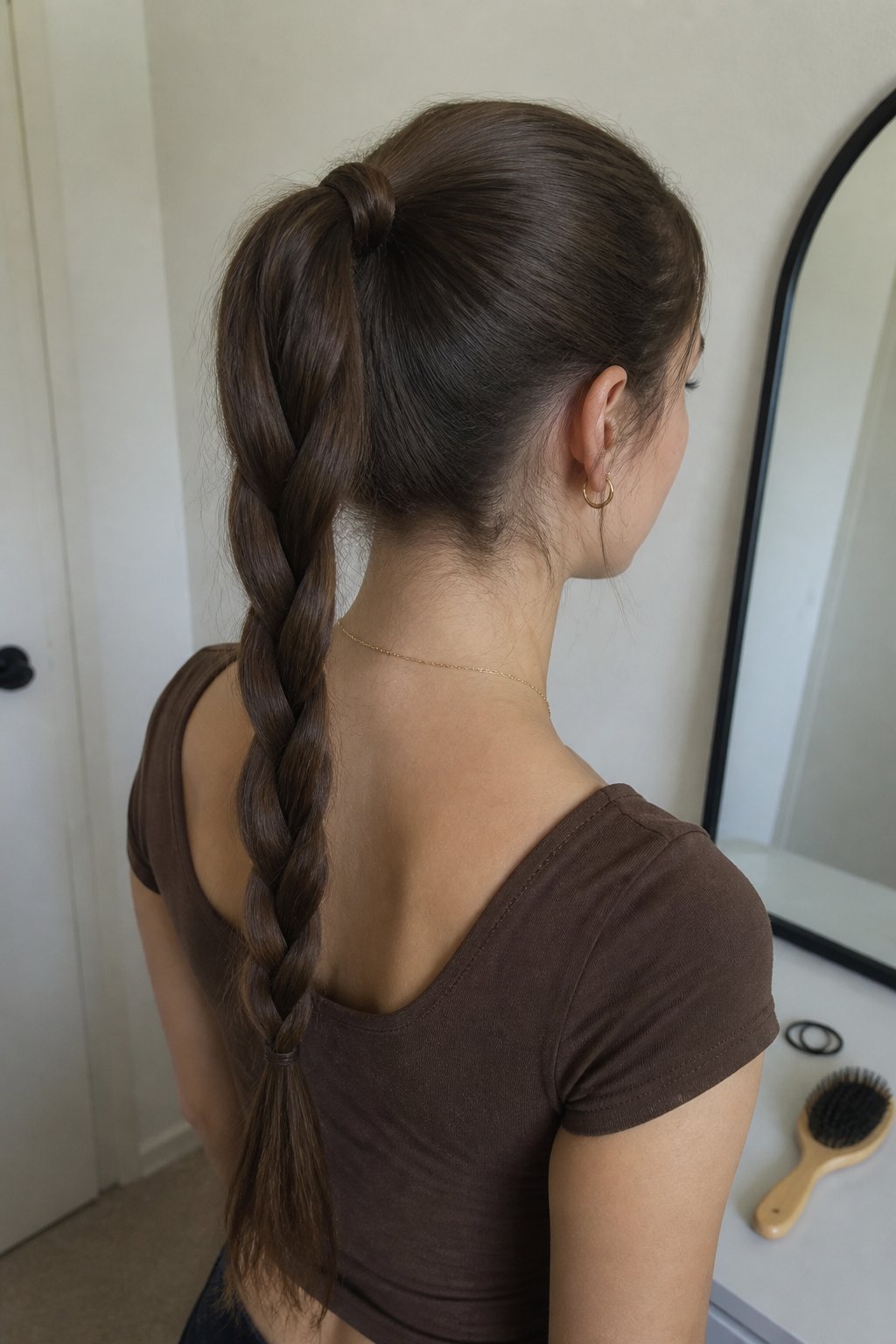 A person with straight hair styled in a sleek braided ponytail stands in a softly lit room.