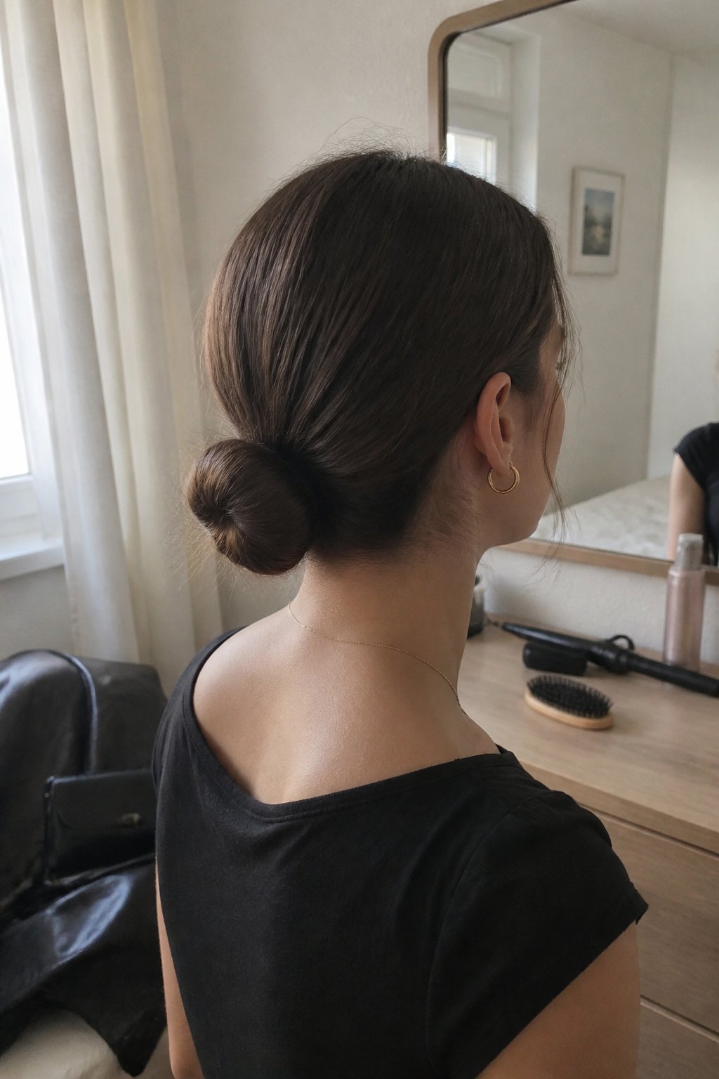 Person with straight hair wearing a polished low bun while getting ready in a bedroom.