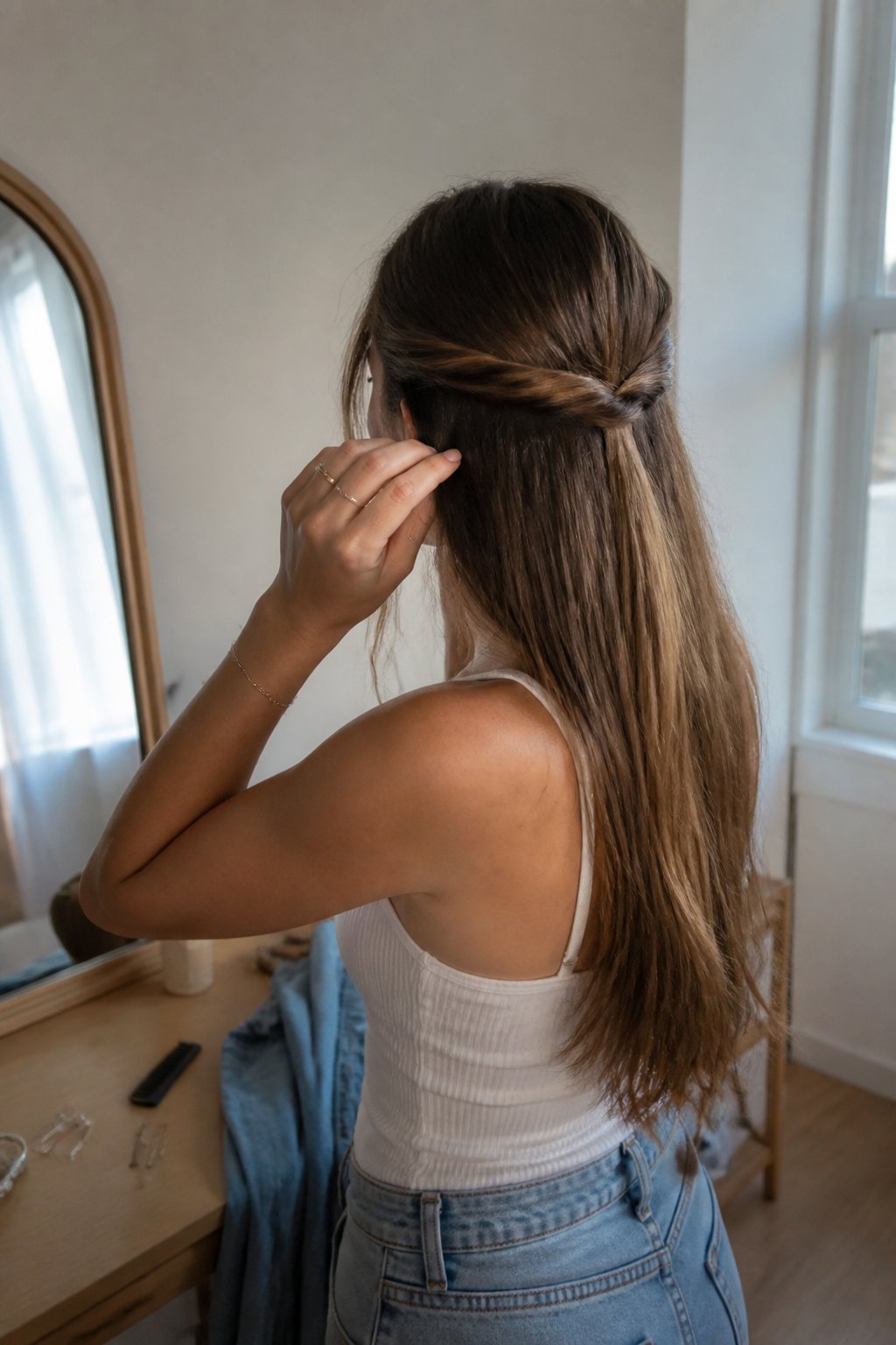 A person with straight hair wears a simple half-up twisted crown hairstyle while getting ready for a concert.