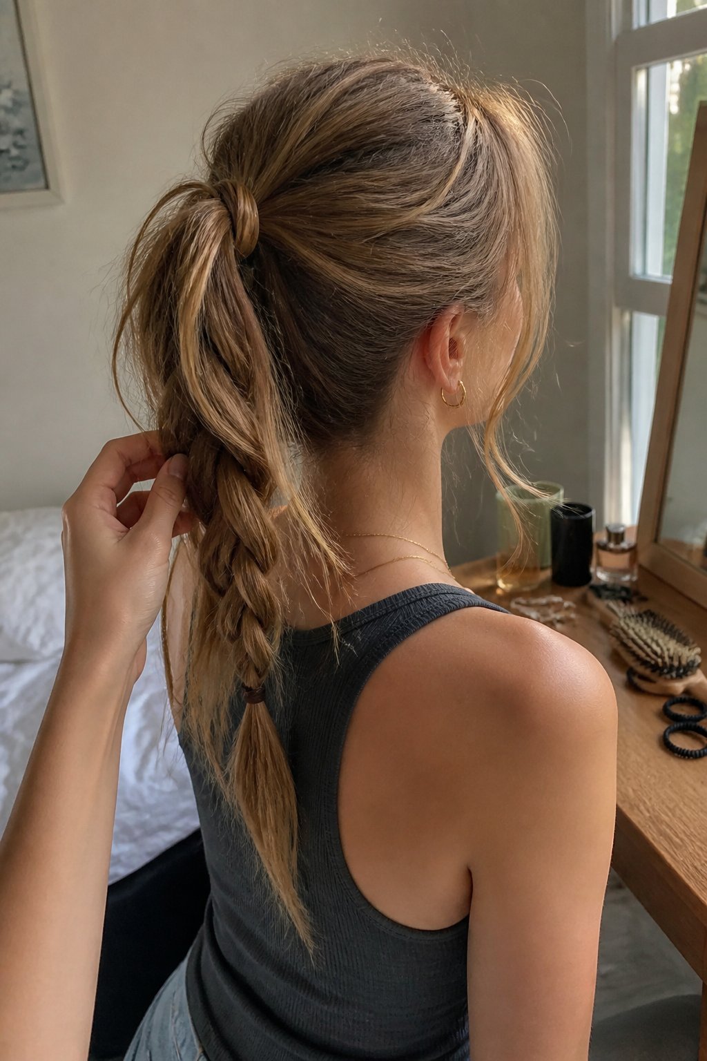 A person with long hair wearing a loose braided ponytail while getting ready.