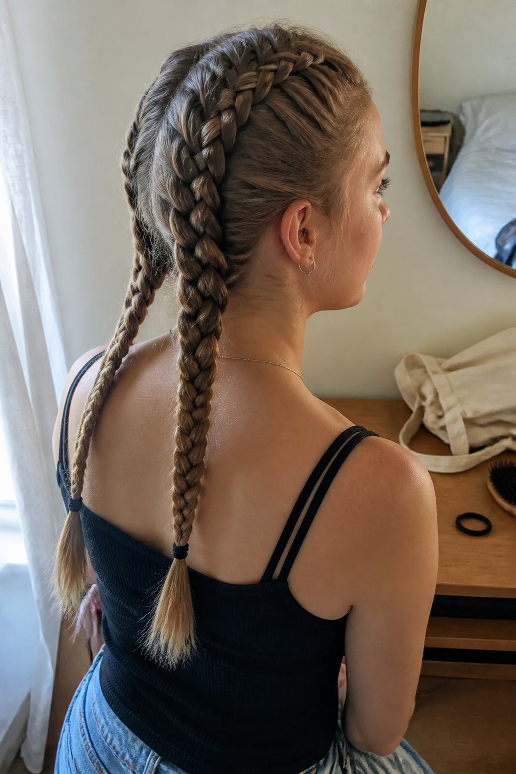 Person with long hair wearing two Dutch braids in a casual indoor setting.