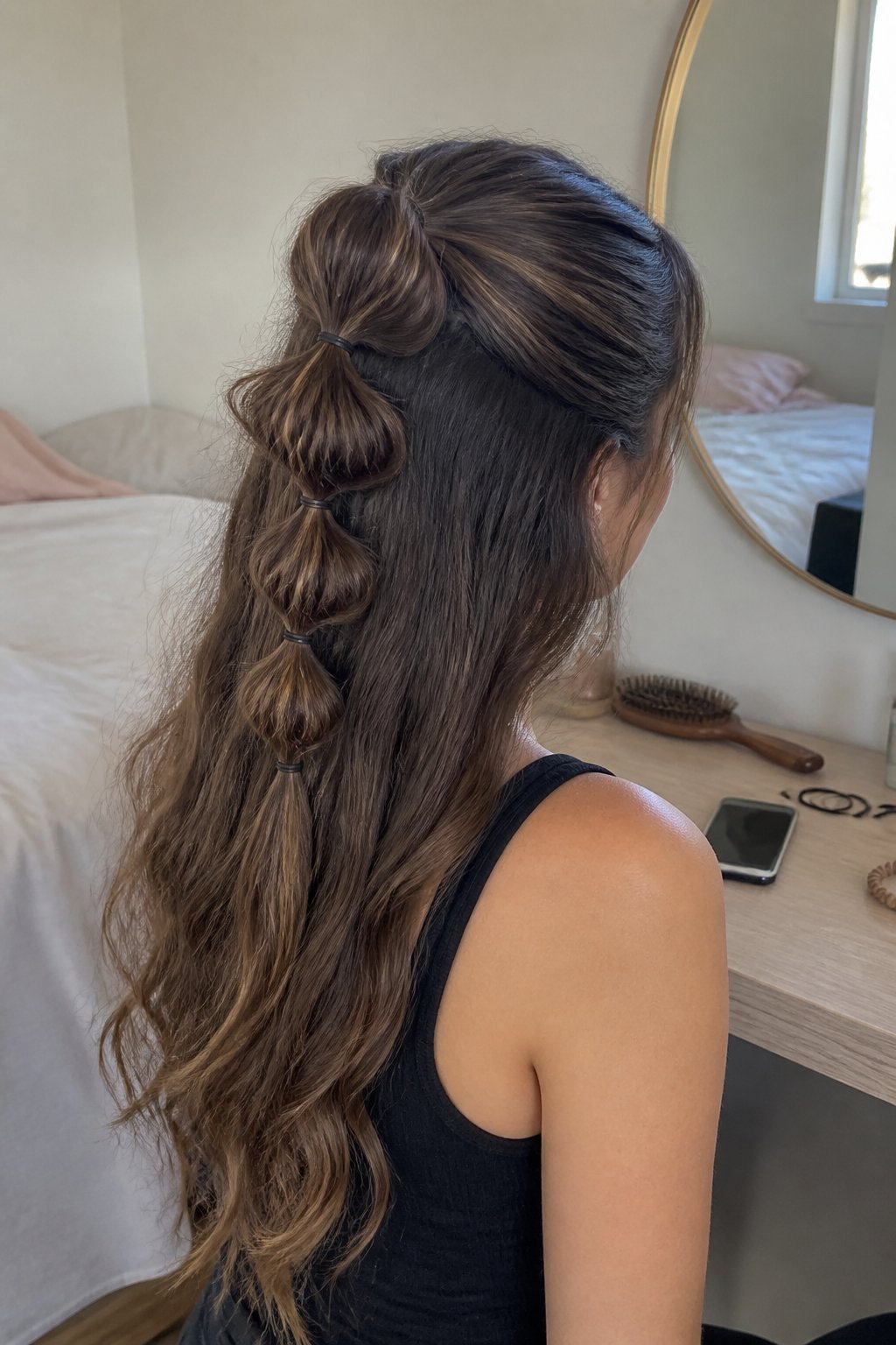 A person with long hair styled in a half-up bubble ponytail while getting ready in a bedroom.