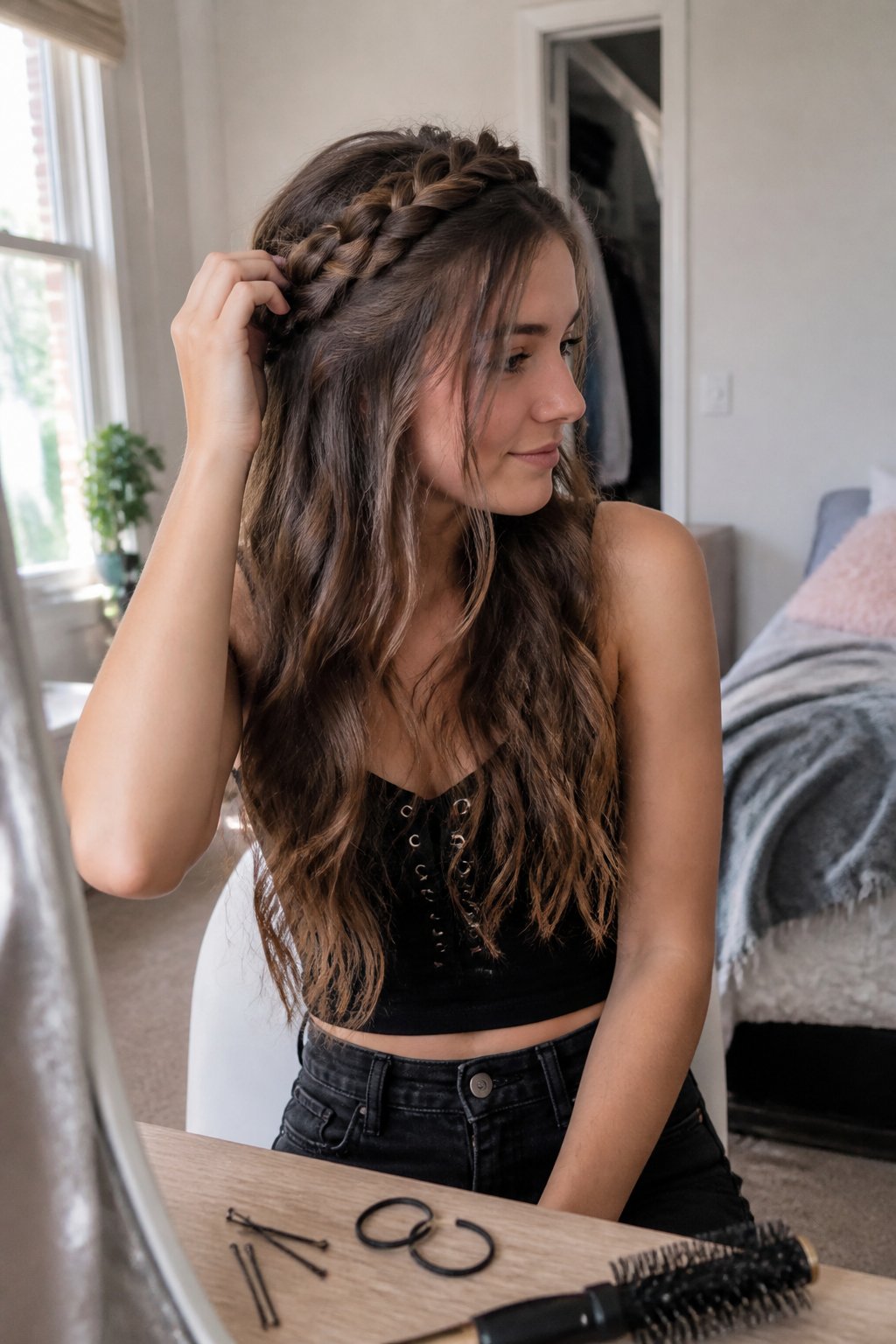 A person with long hair wearing a crown braid and loose waves while getting ready for a concert.