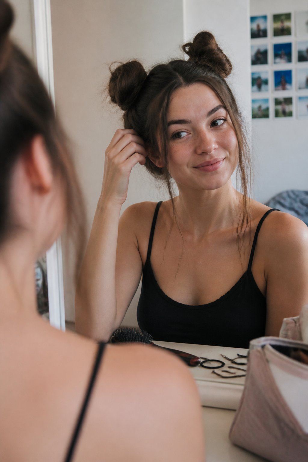A person with long hair styled in two space buns and loose strands framing the face, adjusting the hairstyle near a mirror.