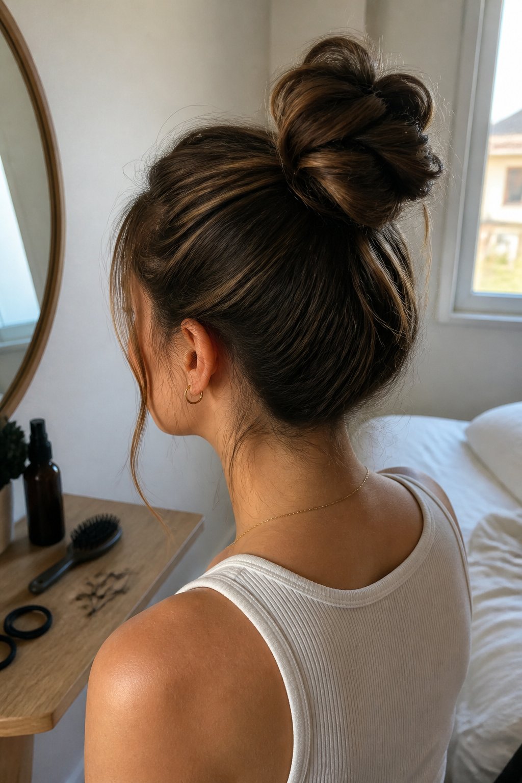 Person with long hair wearing a textured high bun while getting ready in a casual room.