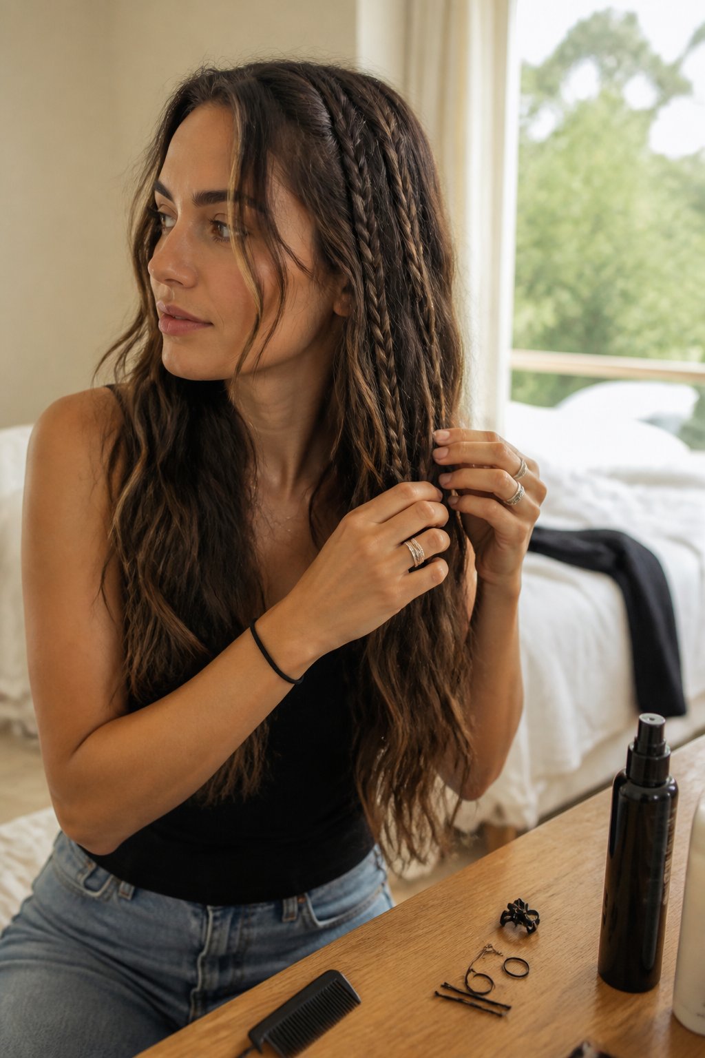A person with long beachy waves and small braids near the front of their hair prepares for a concert.
