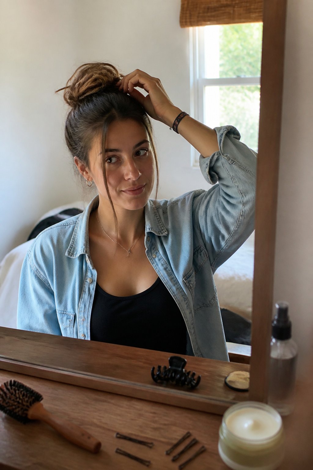A woman creates a relaxed bun hairstyle while sitting near a mirror with hair tools nearby.