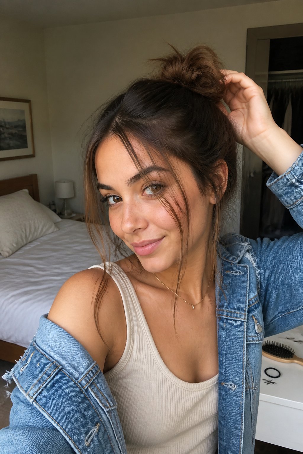 A woman adjusts a messy high bun with loose strands framing her face.