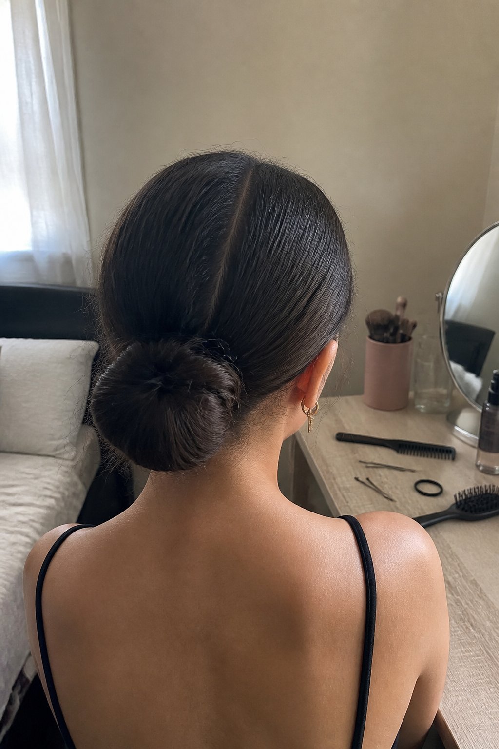 Person with a sleek low bun and center part preparing for a concert near a window.