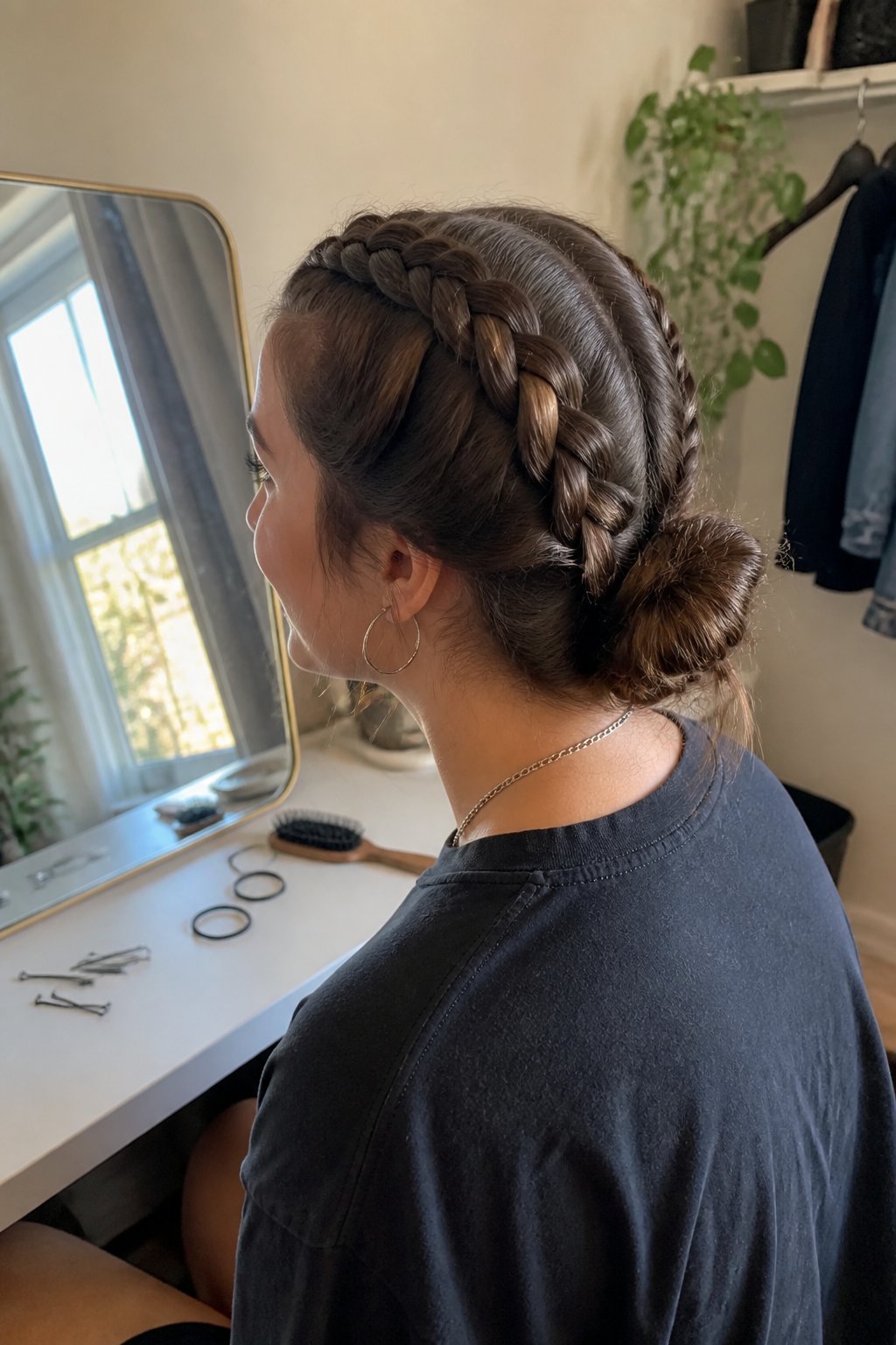 A woman with two Dutch braids gathered into a low bun at the back of her head.