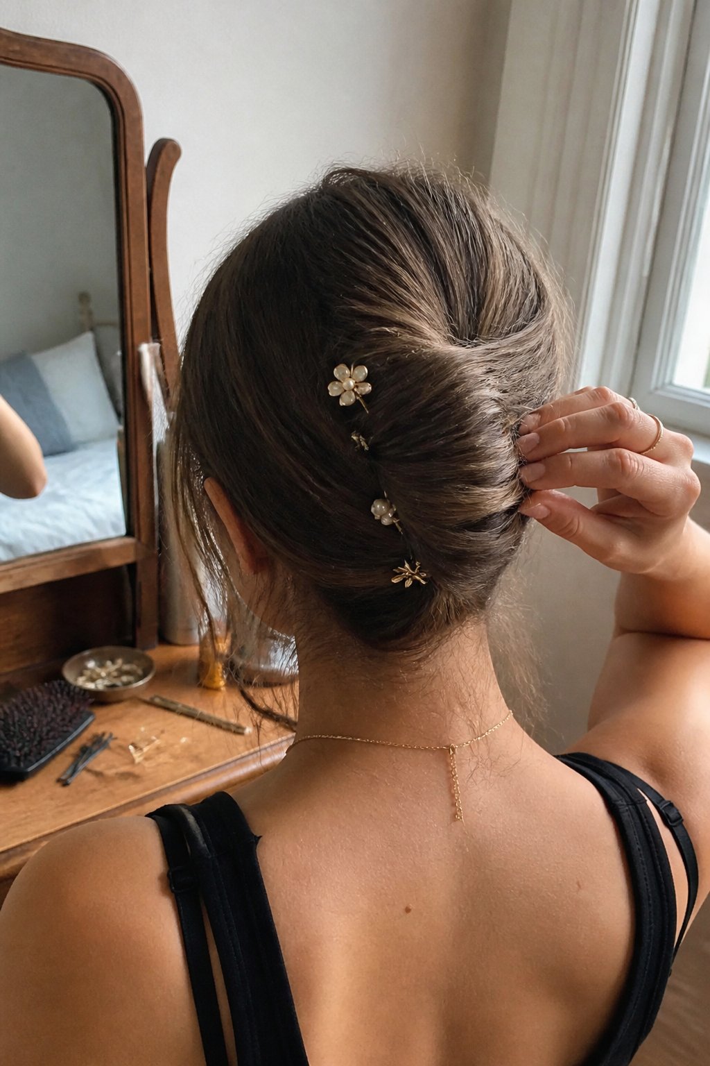 A person wearing a classic French twist secured with decorative hairpins while getting ready near a mirror.