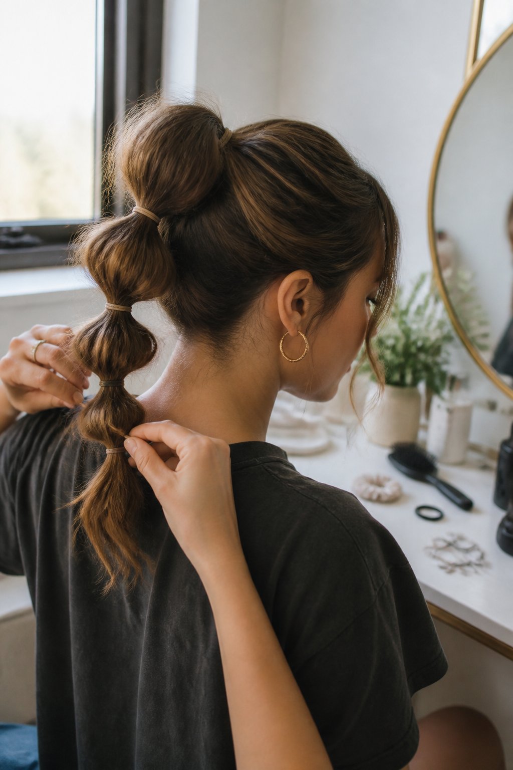 A person wearing a bubble ponytail updo secured with several small elastics while preparing near a vanity.