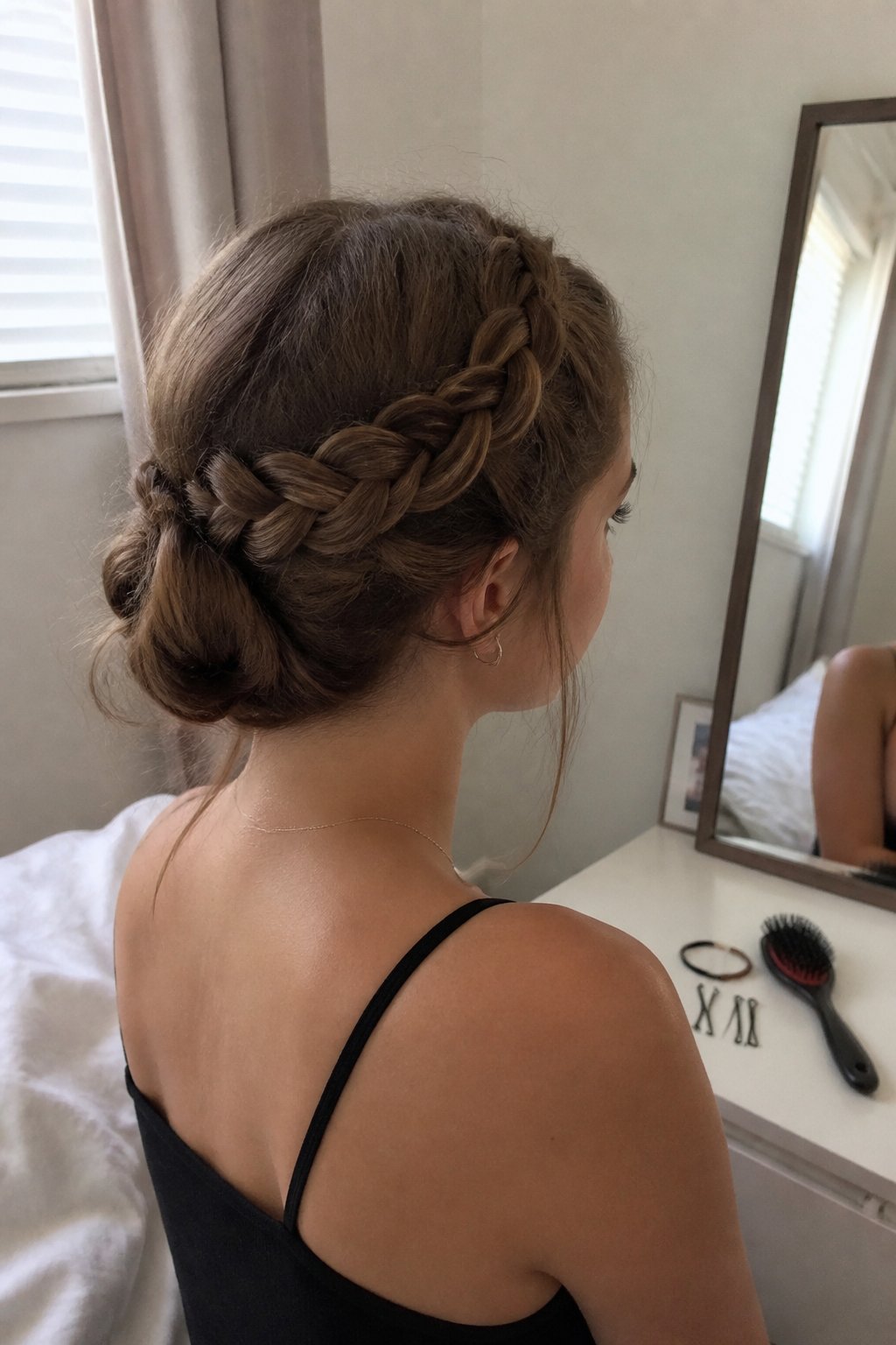 A person shows a braided crown hairstyle gathered into a tucked bun while preparing for a concert.
