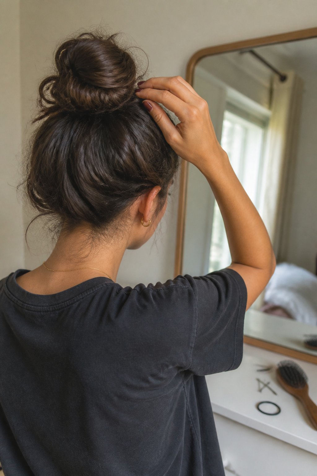 A person adjusts a compact twisted bun high on their head near a mirror.