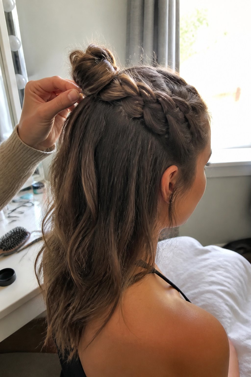 A woman wears a half-up Dutch braid gathered into a small topknot while preparing in front of a vanity.