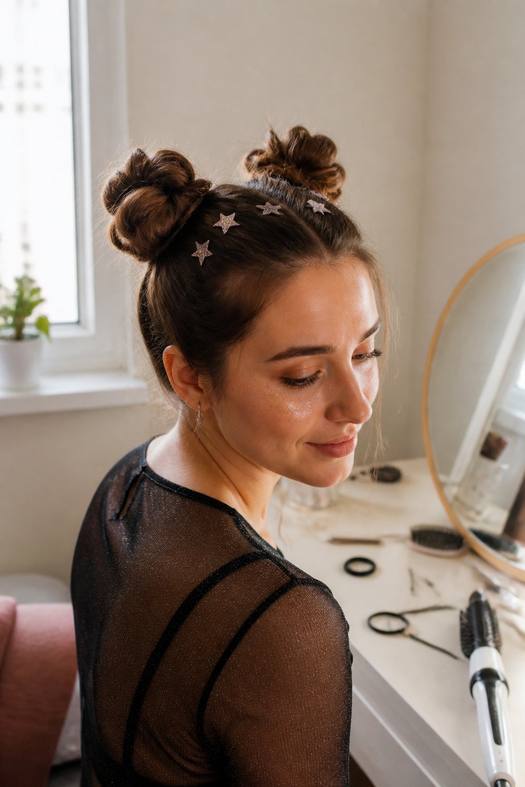Person wearing two space buns decorated with glitter hair clips in a bright bedroom.
