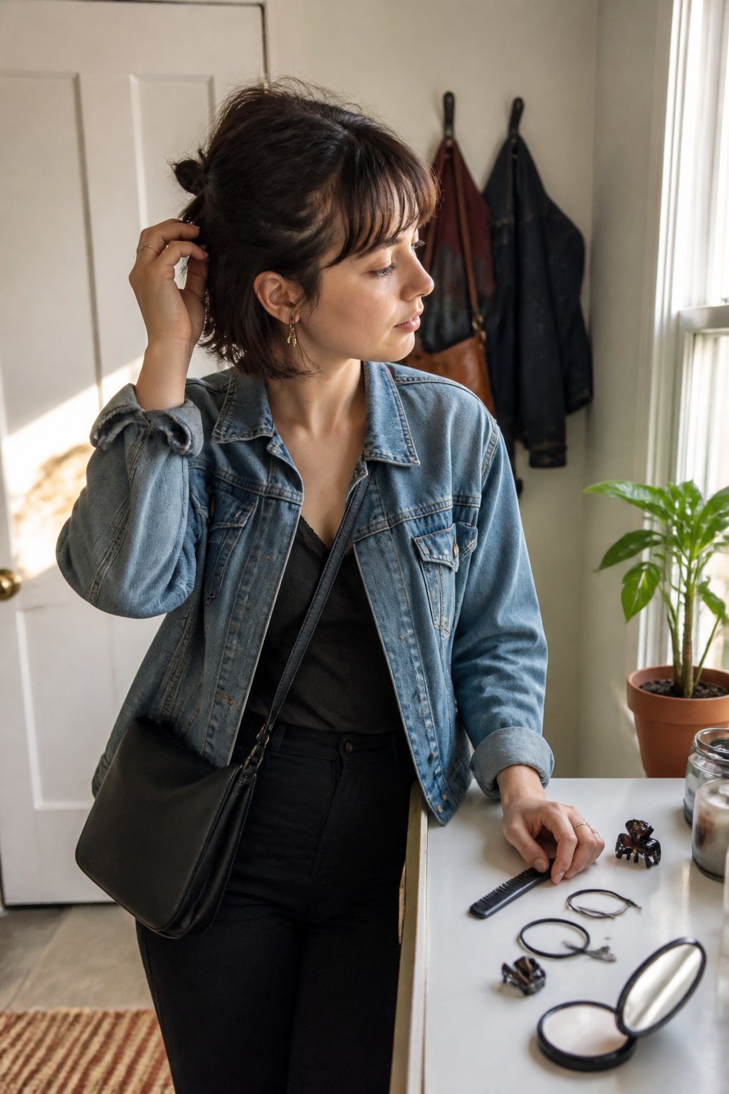 A person with short hair casually styles it before a concert, with hair tools and accessories nearby.