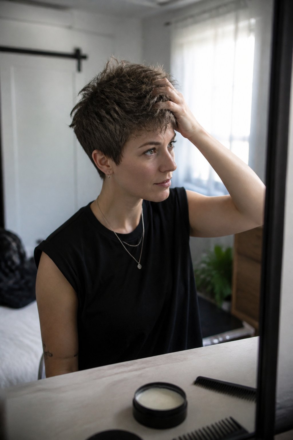 A person with a textured short pixie haircut styles their hair with matte pomade before a concert.
