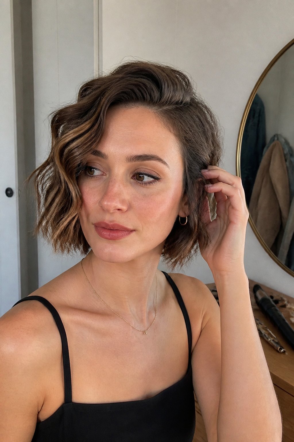 A person with short hair styled in a side-swept deep wave while preparing for a concert.