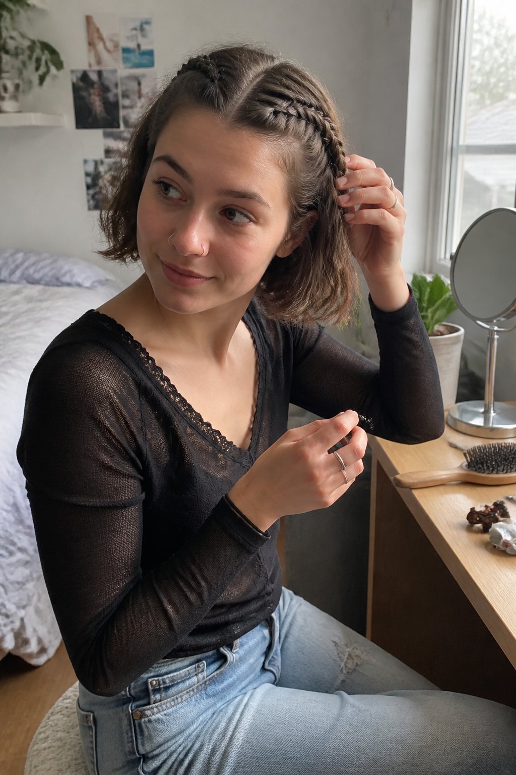 A person with a short bob wears two Dutch braids while getting ready for a concert.