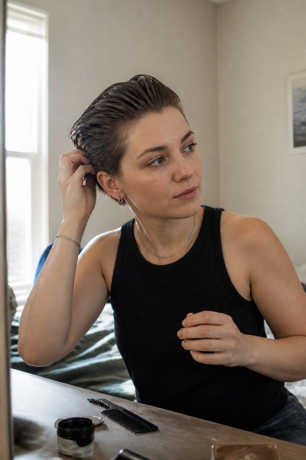 A person with short hair slicked back while preparing for a concert, with a comb and hair product nearby.