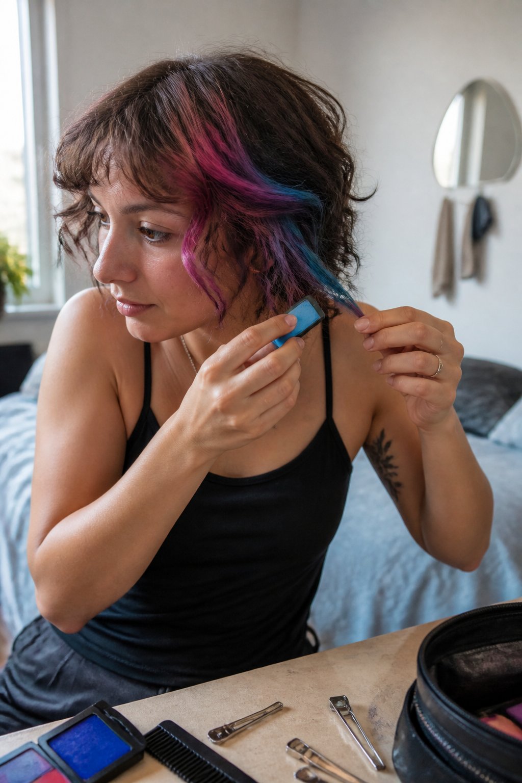 A person with short hair applies bright pink, purple, and blue chalk accents beside a window.