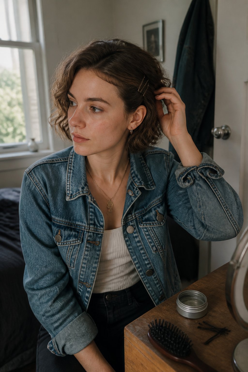 A person with short, loose beach waves casually pinned back on one side while getting ready for a concert.
