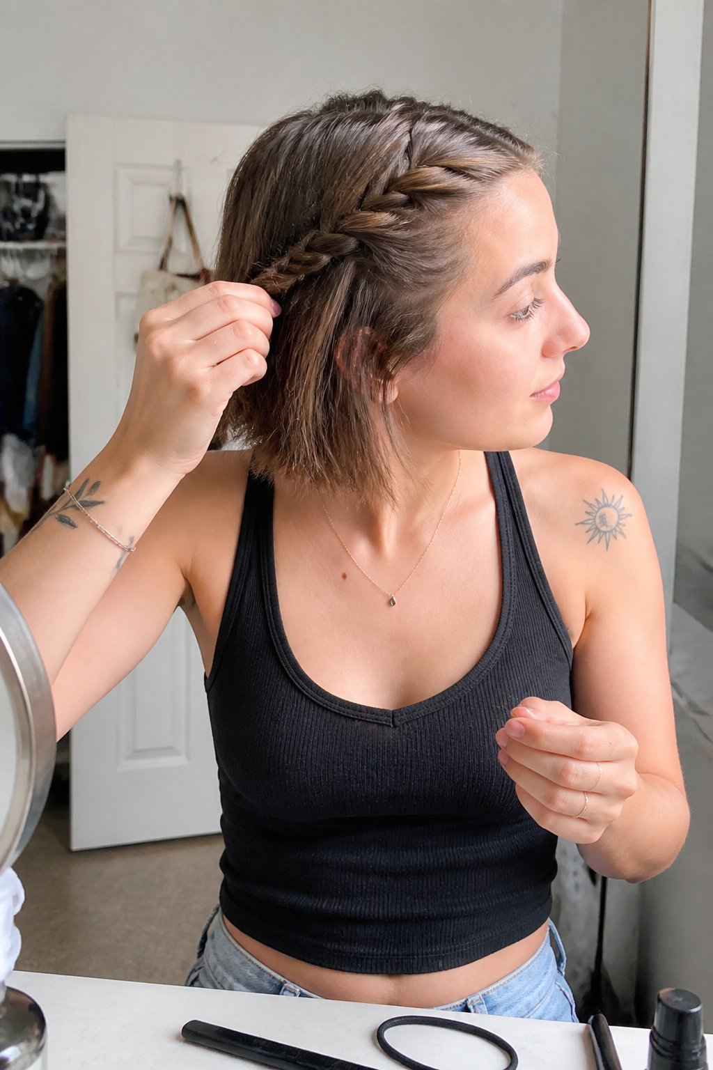 A person braids a small French braid near the side of their short hair, leaving the ends loose.