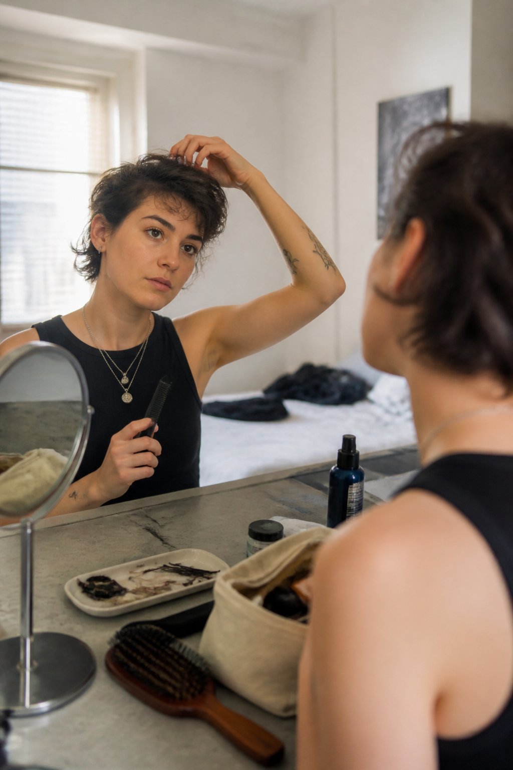 A person with short hair styles it at home before a concert, with grooming tools arranged on a nearby counter.