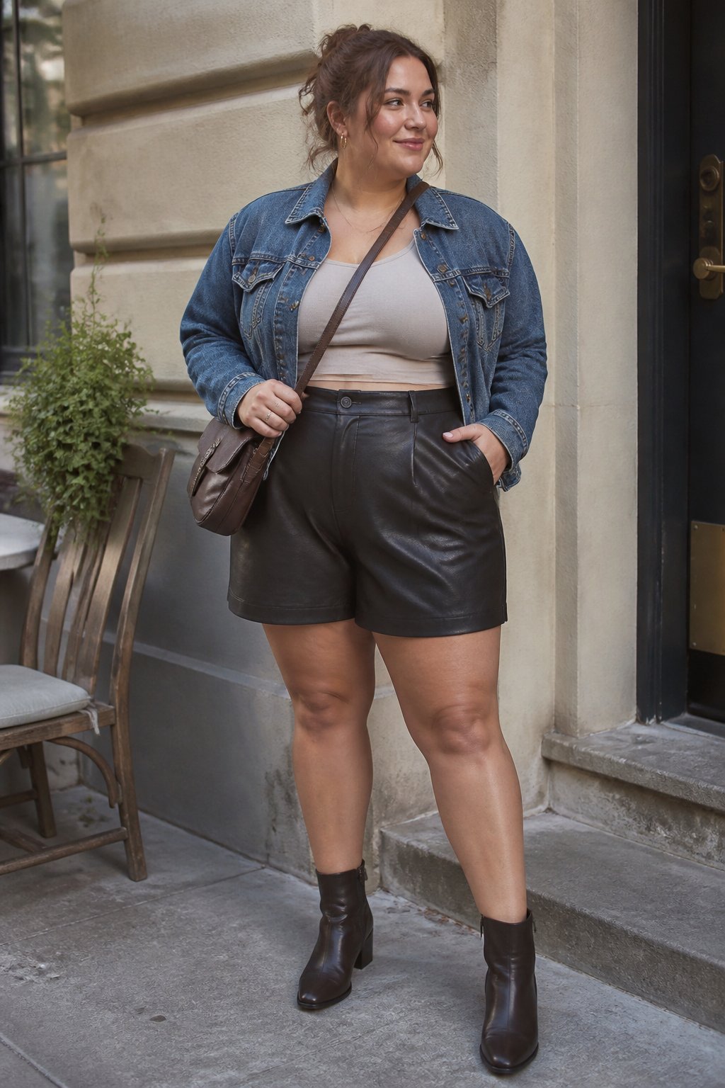 A plus-size woman wearing black leather shorts and a cropped denim jacket stands casually outdoors.